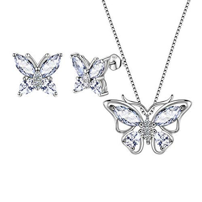 Aurora Tears Butterfly Jewelry,Women 925 Sterling Silver Butterflies Birthstone Pendant Necklace/Earrings/Rings Wedding Gift - color: D.April-set 1