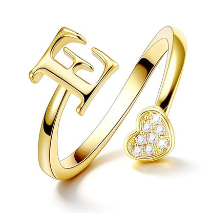 Lunvky Birthday Gifts Silver Initial Rings for Women Teen Girl Kids Trendy Stuff Dainty 14K Gold Plated Adjustable Heart Letter Thumb Rings Pinky Cute Jewelry Personalized Gift - color: Gold, size: Initial-E