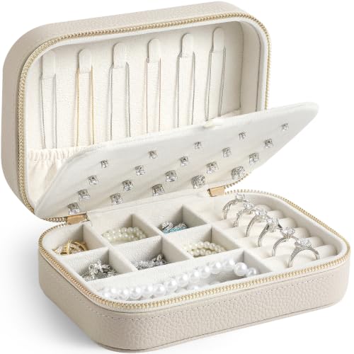 Genuine Leather Travel Jewelry Organizer Case for Women, Small Mini Portable Jewelry Box for Ring Earrings Necklace Bracelet Luxury Gift for Women White - color: White
