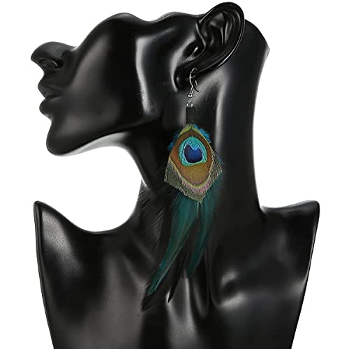 Long Bohemian Pheasant Feathers Statement Earrings Handmade Natural Lightweight Feather Dangle Earrings for Women (ea000067) - color: Blue