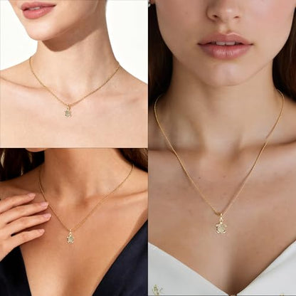 Dainty Gold Necklace for Women, 14K Gold Plated Cubic Zirconia Pendant Necklace, Dainty Fish Sea Turtle Pendant Necklace Ocean Beach Cute Trendy Gold Jewelry Necklaces for Women Gift - style: Sea Turtle