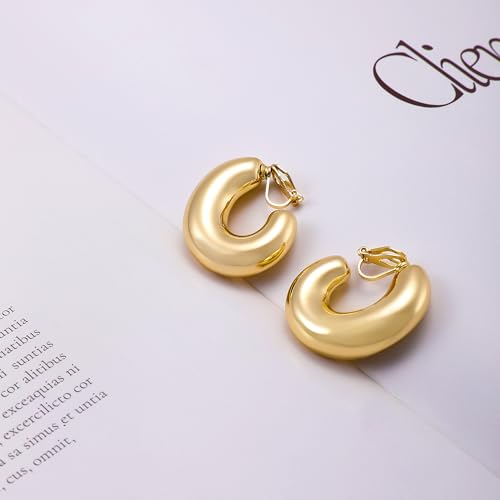 Gold Metal Clip On Earrings for Women Non Pierced Dangle Drop Earrings Multiple Styles - color: gold hoop A