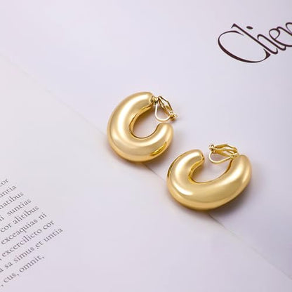 Gold Metal Clip On Earrings for Women Non Pierced Dangle Drop Earrings Multiple Styles - color: gold hoop A