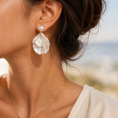Pearl Shell Earrings for Women Clip on Pearl Earrings Summer Beach Jewelry Tropical Vacation Outfits Accessories - color: A2: white shell stud earrings