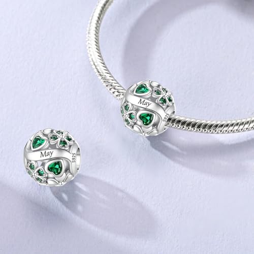 LNQOBU 925 Sterling Silve Lucky Birthstone Charm for Bracelets, With 5A Cubic Zirconia Birthday Charms Dangle Pendant Bead for Pandora Bracelets and Necklaces - color: E1-May