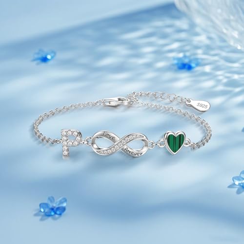 925 Sterling Silver Adjustable Letter Bracelets Infinity Heart Emerald Charm Link Bracelet ，Personalized Charm Alphabet Jewelry Valentines Christmas Mother’s Day Birthday Gifts - color: P