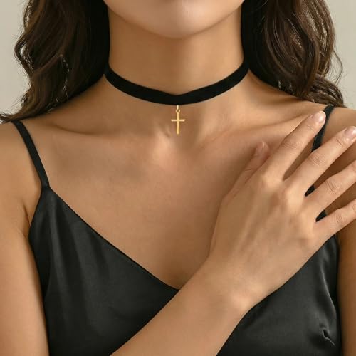 Qceasiy Gothic Black Necklace for Women, Adjustable Victorian Velvet Lace Collar, Halloween Party Cosplay Jewelry Gift - style: Cross