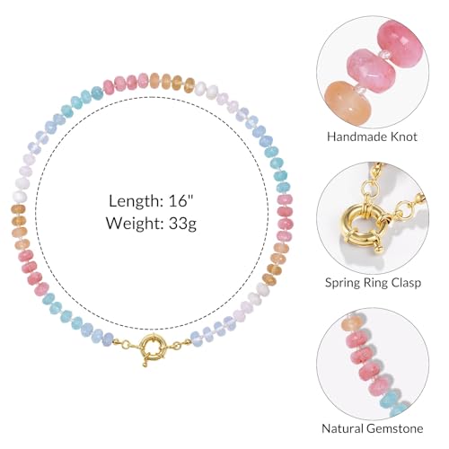 KissYan Beaded Gemstone Necklaces for Women | Colorful Bead Natural Stone Choker with 14K Gold Plated Spring Ring Clasp, Handmade Knot Jewelry for Summer Beach - color: V-Aura