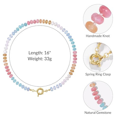 KissYan Beaded Gemstone Necklaces for Women | Colorful Bead Natural Stone Choker with 14K Gold Plated Spring Ring Clasp, Handmade Knot Jewelry for Summer Beach - color: V-Aura