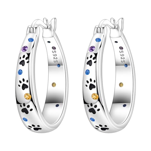 Floral Hoop Earrings 925 Sterling Silver with 14K Gold Plating – Lightweight CZ Flower Hoops | Hypoallergenic Jewelry for Women | Gift Box + Polishing Cloth - color: Paw Print Colorful Ear Hoop