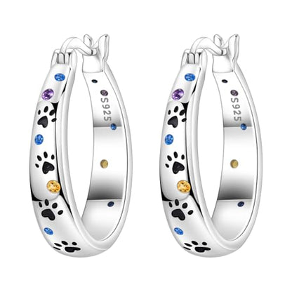 Floral Hoop Earrings 925 Sterling Silver with 14K Gold Plating – Lightweight CZ Flower Hoops | Hypoallergenic Jewelry for Women | Gift Box + Polishing Cloth - color: Paw Print Colorful Ear Hoop