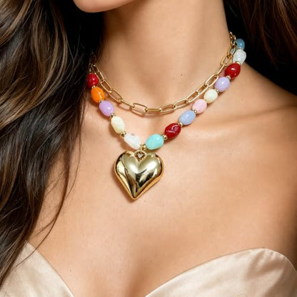 Colorful Beaded Necklace For Women, Boho Double Layered Chunky Gold Cuban Chain Rainbow Beads Heart Pendant Y2K Statement Choker Summer Beach Jewelry Gift - color: Puffy-Heart