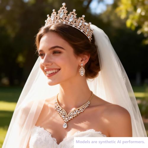 Kamirola Bridal Wedding Tiara Crown Jewelry Set for Women/Brides/Bridesmaids Crystal Jewelry Set for Wedding Prom Party Bridal Crystal Necklace Earrings Bracelet Set(TR60) - color: Gold