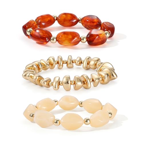 GOOJIDS Simple Beaded Gold Plated Bangles Bracelet Chunky Bamboo Tube Curved Stacking Clear Acrylic Colorful Beads Stretchable Gold Plated Bracelets Set For Women - color: T Brown&Beige Beads Set
