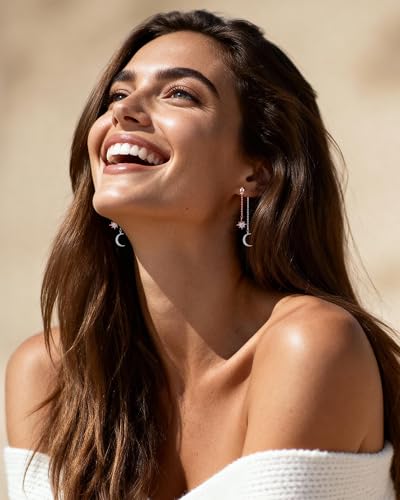 Moon and Star Dangle Earrings | Chain Tassel with Cubic Zirconia Drop Front and Back Earrings Celestial Jewelry for Wedding Gift - color: Rose Gold and Silver