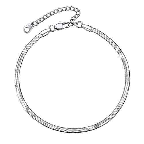 PROSTEEL 316L Stainless Steel Herringbone Flat Chain Bracelets/Anklets, Beautiful Summer Jewelry, Black/Yellow Gold/Rose Gold Plated, 6.3inch/8.5inch Adjustable, Come Box - color: Silver