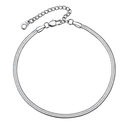 PROSTEEL 316L Stainless Steel Herringbone Flat Chain Bracelets/Anklets, Beautiful Summer Jewelry, Black/Yellow Gold/Rose Gold Plated, 6.3inch/8.5inch Adjustable, Come Box - color: Silver