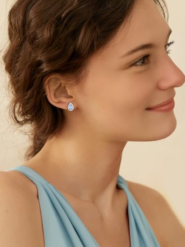 FindChic Birthstone Earrings for Women, Round/Heart/Square/Teardrop Earrings with 925 Sterling Silver Posts & Push Backs, Hypoallergenic Studs with Cubic Zirconia, 12 Months Jewelry with Gift Box - style: 03. March-Aquamarine (Teardrop)