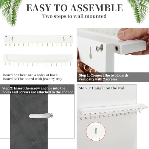 YYILIS Necklace Holder, Upgraded Extra Large Wall Necklace Organizer with 30 Hooks Wall Mounted Necklace Hanger with Jewelry Tray/Cosmetics Shelf Rustic Pine Wood Holder (2 Pack-Double White) - color: 2 Pack-Double White