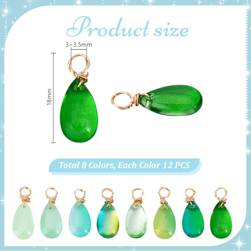 PH PandaHall 96pcs Green Teardrop Charms 8 Colors Transparent Glass Crystal Pendants, 18mm Crystal Dangle Charms Wire Wrapped Water Drop Charm for Necklace Bracelet Earring Jewelry Making