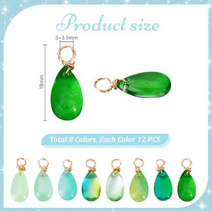 PH PandaHall 96pcs Green Teardrop Charms 8 Colors Transparent Glass Crystal Pendants, 18mm Crystal Dangle Charms Wire Wrapped Water Drop Charm for Necklace Bracelet Earring Jewelry Making