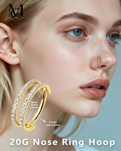 Nose Ring Hoop, 316L Stainless Steel Double Nose Rings, 20G Nose Piercing Jewelry for Women, Clear CZ Helix Cartilage Septum Nose Hoops - color: Gold-8mm