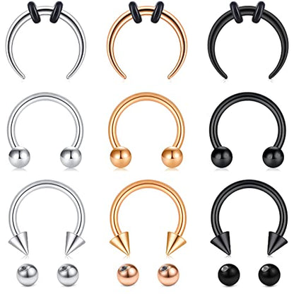 Longita Septum Rings Septum Jewelry 16g 18g Septum Ring Septum Piercing 20g Horseshoe Earring Hoop Lip Ring Silver Black Gold - color: silver+black+rose gold