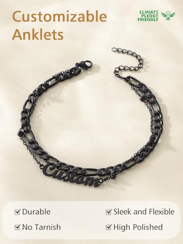 FindChic Custom Ankle Bracelets for Women, Stainless Steel Figaro/Cuban/Wheat/Rope/Herringbone Chain Anklets, Beach Foot Jewelry 8.5''-10.5'' Adjustable & Waterproof, with Gift Box - style: Figaro Chain-Black