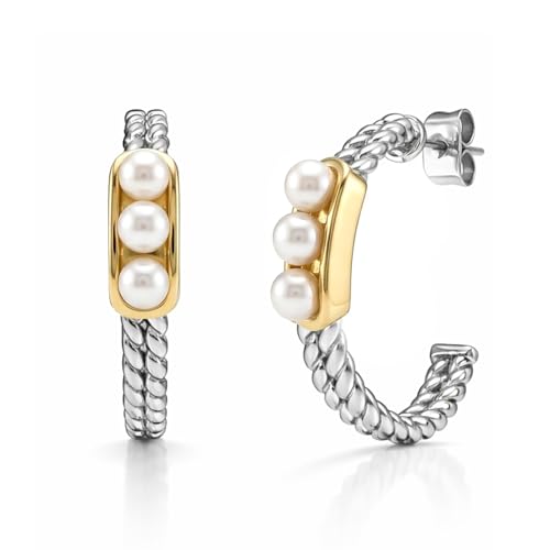 Two Tone Hoop Earrings with Pearl for Women | Gold Plated Pearl Hoop Earrings for Women | Silver Twisted C Hoops Earring | 14K Yellow Gold & Silver Beaded Hoop Earring Jewelry