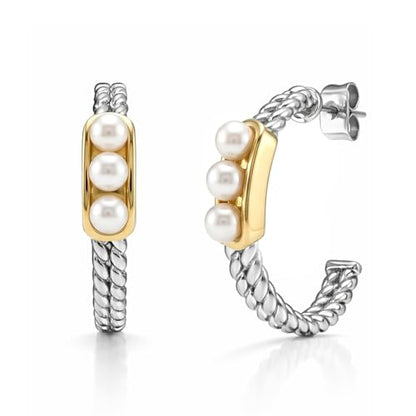 Two Tone Hoop Earrings with Pearl for Women | Gold Plated Pearl Hoop Earrings for Women | Silver Twisted C Hoops Earring | 14K Yellow Gold & Silver Beaded Hoop Earring Jewelry