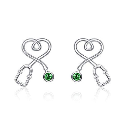 Stethoscope Earrings 925 Sterling Silver Heart Studs Earrings 12 Months Birthstone Crystals from Austria, Graduation Jewelry Gifts for Nurse Doctor RN Medical Student - color: Simulated Emerald