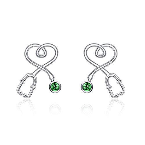 Stethoscope Earrings 925 Sterling Silver Heart Studs Earrings 12 Months Birthstone Crystals from Austria, Graduation Jewelry Gifts for Nurse Doctor RN Medical Student - color: Simulated Emerald
