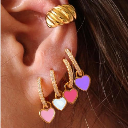 Preppy Love Heart Hoop Earrings for Women Teen Girls Gold Plated Cubic Zirconia CZ Charms Dangle Drop Huggie Small Hoops Cartilage Earring Fashion Colorful Y2K Jewelry Cute Gifts - color: Fuchsia