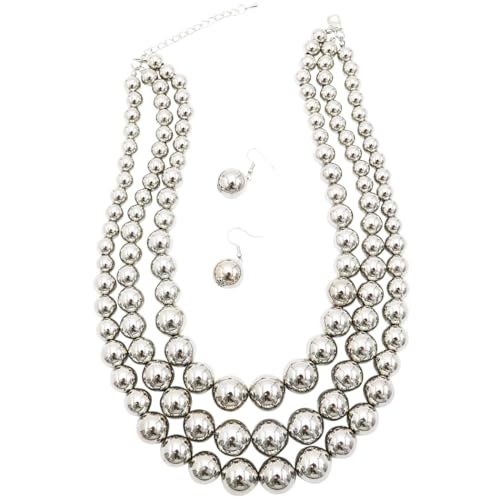 Rosemarie & Jubalee Women's 3 Colorful Multi Strands Simulated Pearl Necklace And Earrings Jewelry Gift Set, 18"+3" Extender - color: Polished Silver Tone