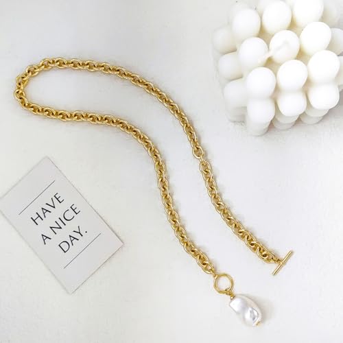 Zeffy 14K Gold/Silver Plated Chunky Thick Chain Toggle Clasp Necklace Dainty Baroque Pearl/Heart/Cross/Turquoise Pendant Necklace - color: Gold Baroque Pearl Necklace