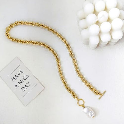 Zeffy 14K Gold/Silver Plated Chunky Thick Chain Toggle Clasp Necklace Dainty Baroque Pearl/Heart/Cross/Turquoise Pendant Necklace - color: Gold Baroque Pearl Necklace