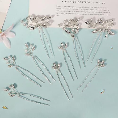 9 Pieces Hair Accessories Bride Hair Pins Rhinestone Bridal Hairpiece for Women Crystal Jewelry for Bridesmaids Flower - color: A Silver