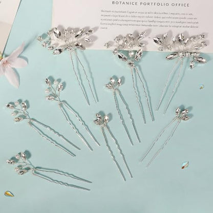 9 Pieces Hair Accessories Bride Hair Pins Rhinestone Bridal Hairpiece for Women Crystal Jewelry for Bridesmaids Flower - color: A Silver