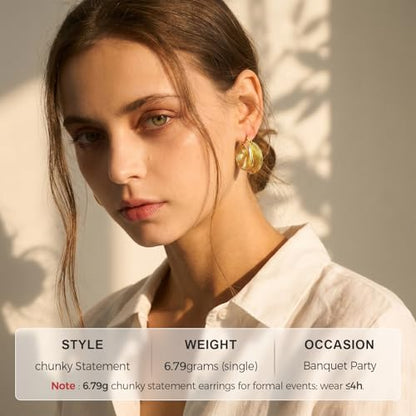 Small Hoop Earrings for Women Wide Half Huggie Hoops Chunky Hoop Earrings 18K Real Gold Plated 925 Sterling Silver Hammered Hypoallergenic Lightweight - color: QIHP-21-BagGold