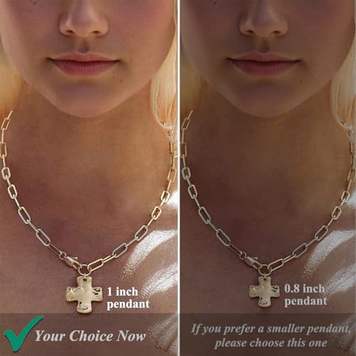Bheop Chunky Cross Necklace for Women, 14K Gold Silver Statement Necklace | Sturdy Paperclip Chain, Hammered Pendant, Vintage Charm, Trendy Costume Jewelry, Faith Christian Religious Gift, Non Tarnish - style: GD-Cross Necklace(1 inch Pendant)