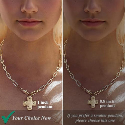 Bheop Chunky Cross Necklace for Women, 14K Gold Silver Statement Necklace | Sturdy Paperclip Chain, Hammered Pendant, Vintage Charm, Trendy Costume Jewelry, Faith Christian Religious Gift, Non Tarnish - style: GD-Cross Necklace(1 inch Pendant)