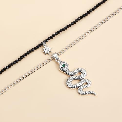Snake Necklace for Women, Gothic Layered Chain with Star & Black Beads, Silver Tone Vintage Punk Choker for Daily & Party Wear