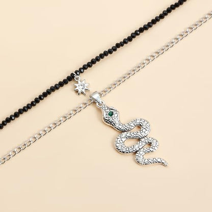 Snake Necklace for Women, Gothic Layered Chain with Star & Black Beads, Silver Tone Vintage Punk Choker for Daily & Party Wear