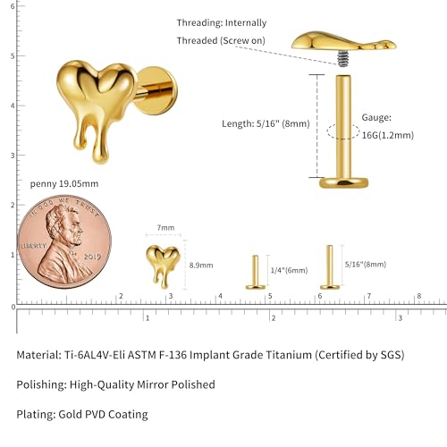 ASTM F136 Titanium Halloween Piercing Jewelry 16G 6mm 8mm, Cartilage Flatback Earring Stud for Helix Conch, Hypoallergenic, Nickel free - color: Molten Heart - Gold