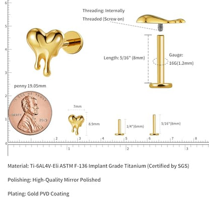 ASTM F136 Titanium Halloween Piercing Jewelry 16G 6mm 8mm, Cartilage Flatback Earring Stud for Helix Conch, Hypoallergenic, Nickel free - color: Molten Heart - Gold