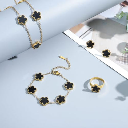 5 Pieces Lucky Clover Jewelry Set for Women Gold Jewelry Set 18K Gold Plated Flower Design Five Leaf Necklace Bracelet Ring Earrings for Women - color: Clover Black