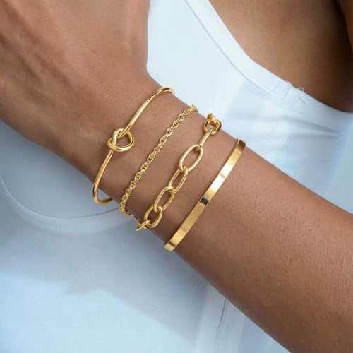 14K Gold Plated Stackable Bangle Bracelets Set for Women | Cuff Bracelet Stackable Bangles Bracelet for Women Trendy Fashion Accessories Tie Knot Cuban Rope Paperclip Beaded Bracelets - color: 4-layer GD