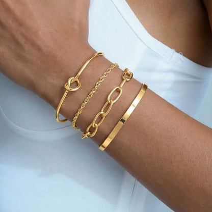 14K Gold Plated Stackable Bangle Bracelets Set for Women | Cuff Bracelet Stackable Bangles Bracelet for Women Trendy Fashion Accessories Tie Knot Cuban Rope Paperclip Beaded Bracelets - color: 4-layer GD
