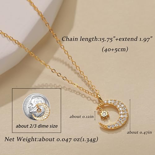 925 Sterling Silver Dainty Crescent Moon Necklace for Women | 14K Gold Plated White Cubic Zirconia Moon and Star Pendant Choker Necklace to Daughter Mother Trendy Wedding Jewelry Gifts - color: Gold