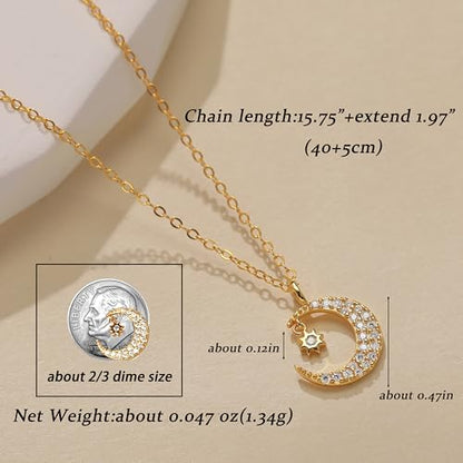 925 Sterling Silver Dainty Crescent Moon Necklace for Women | 14K Gold Plated White Cubic Zirconia Moon and Star Pendant Choker Necklace to Daughter Mother Trendy Wedding Jewelry Gifts - color: Gold